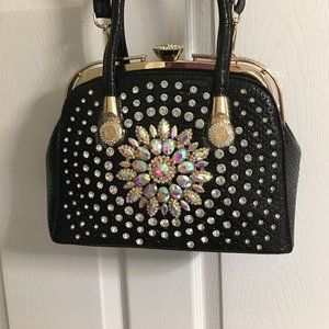 Diamondique Evening Rhinestone Black Purse w Crossbody Strap